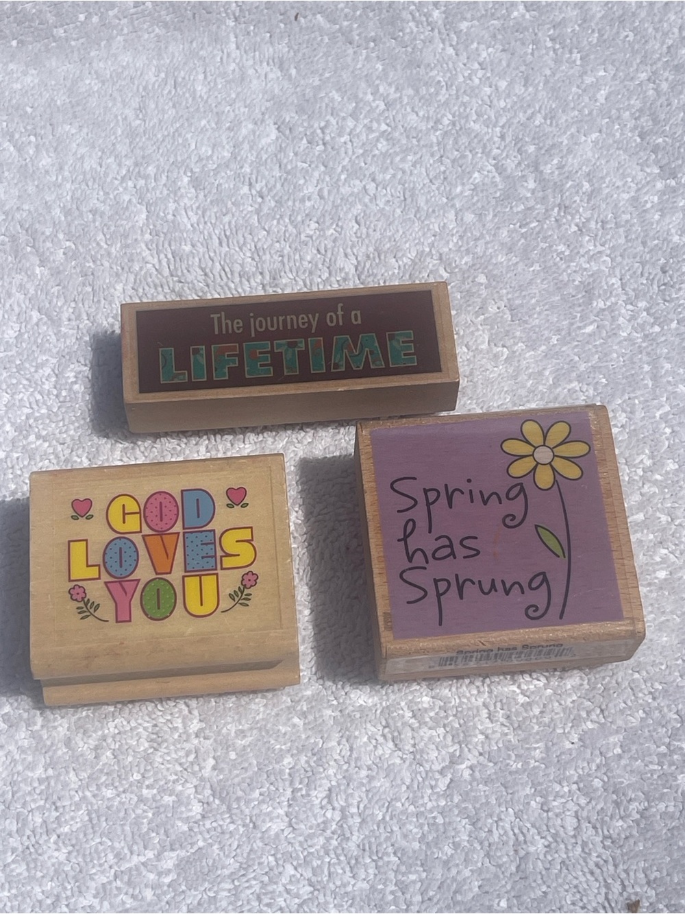 Set of 3 Decorative Wood Blocks - God Loves You, Spring Has Sprung, Lifetime